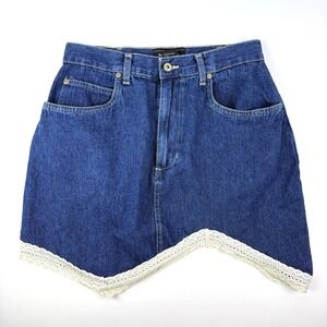 Vtg Y2K Sonoma Denim Skirt Girls Sz 10 Blue Lace Trim Asymetrical Hem Cowboy SEE